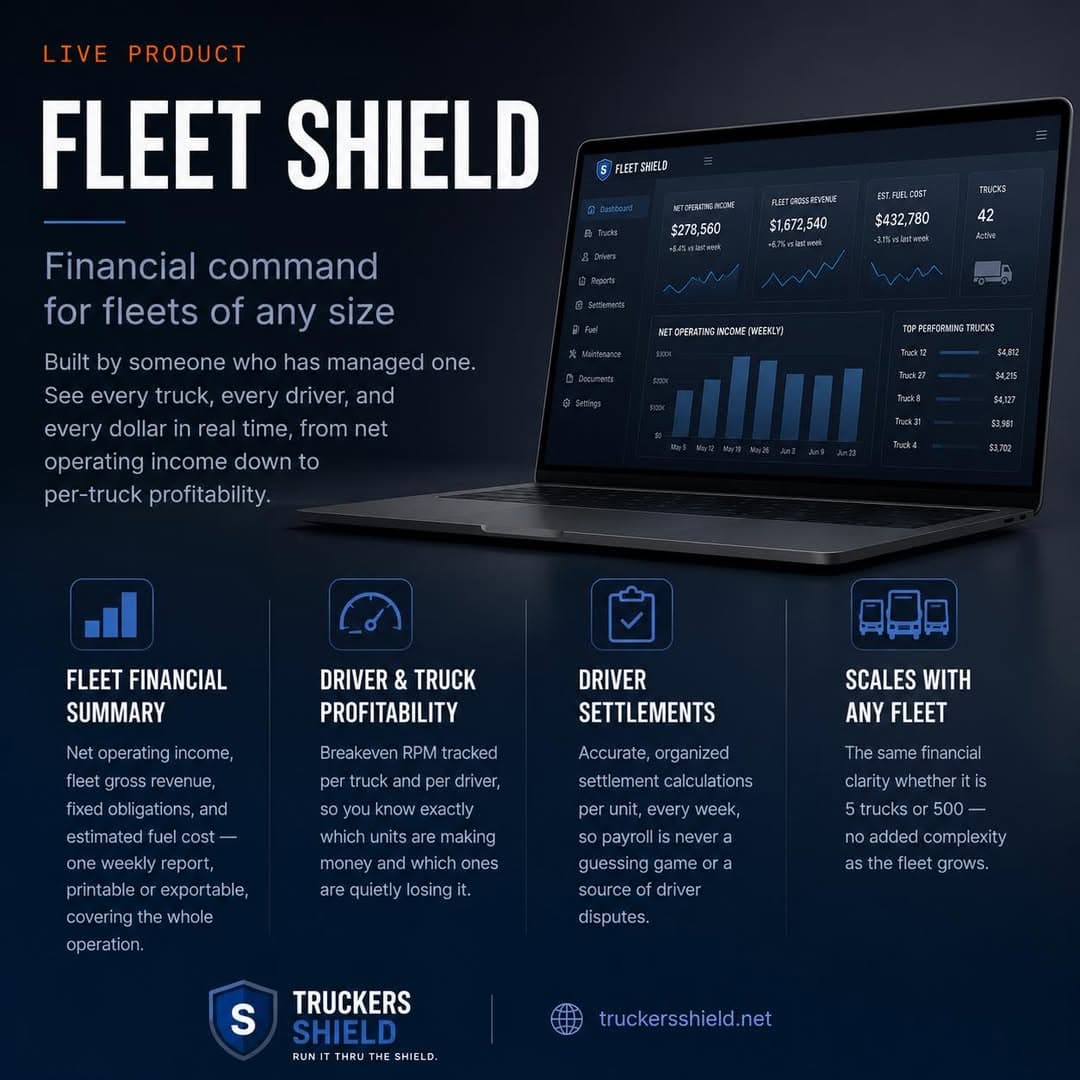 Fleet Shield slide: financial command for fleets of any size. A laptop dashboard shows fleet financial summary, driver and truck profitability, driver settlements and scaling with any fleet.