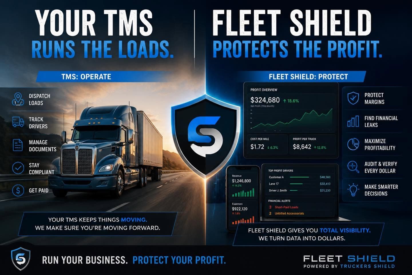 Slide comparing your TMS, which runs the loads, with Fleet Shield, which protects the profit, showing a profit overview with charts, cost per mile and financial alerts.