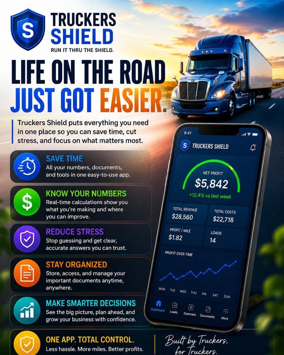 Truckers Shield slide: Life on the road just got easier. A phone dashboard shows net profit, revenue, costs, profit per mile and loads, beside the benefits: save time, know your numbers, reduce stress, stay organized and make smarter decisions.