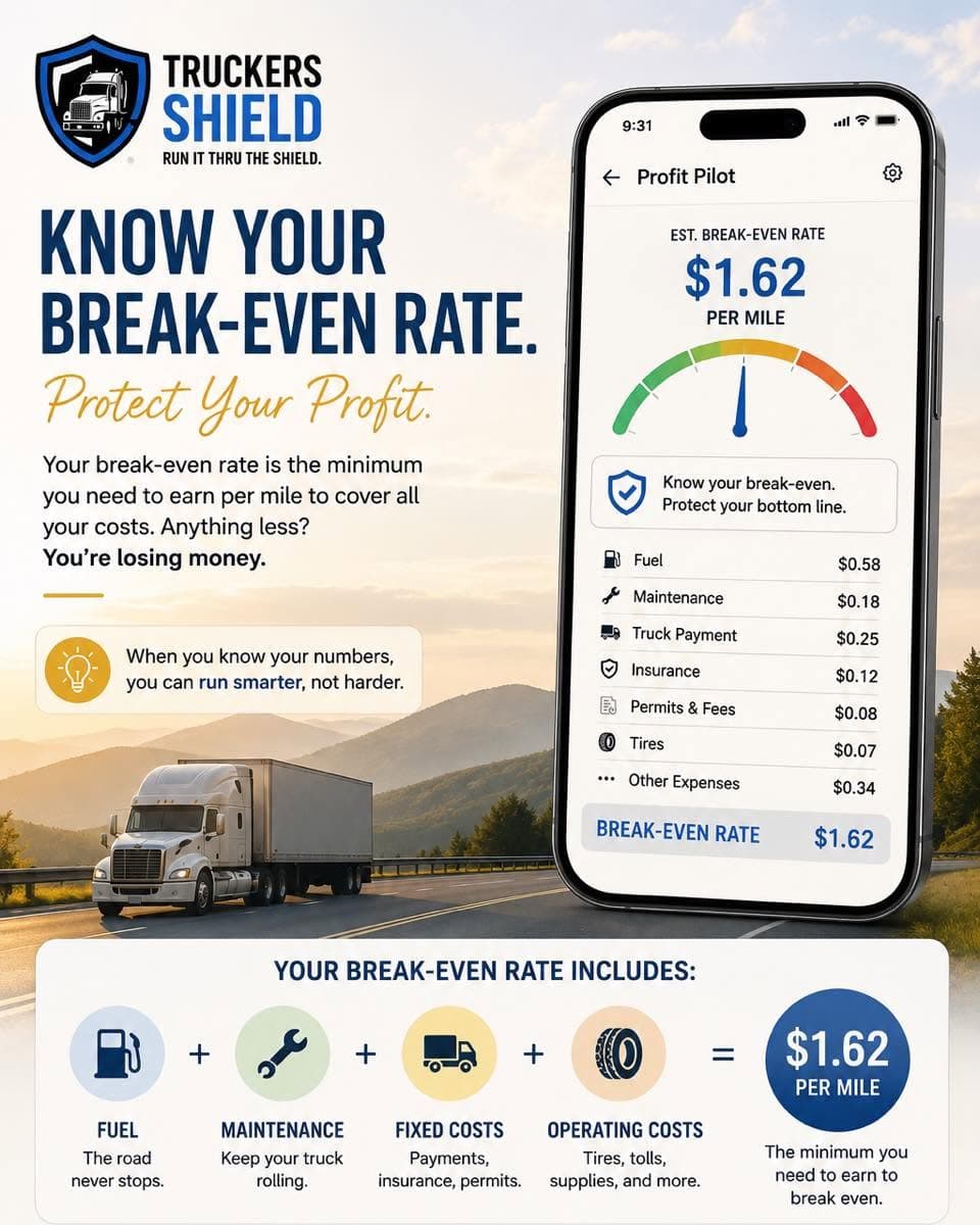 Profit Pilot slide: Know your break-even rate. A phone screen shows an estimated break-even rate per mile built from fuel, maintenance, truck payment, insurance, permits, tires and other expenses.